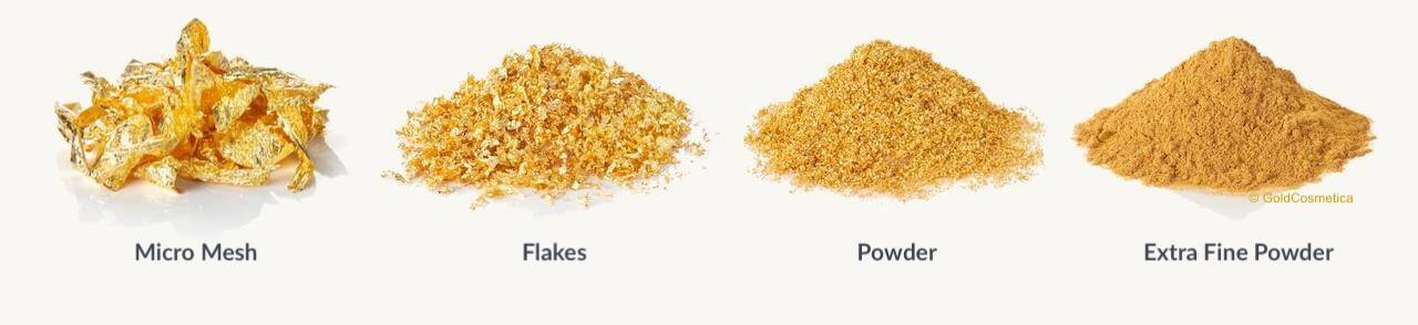 GoldCosmetica Particle sizes - flakes and powders made from gold, silver and platinum